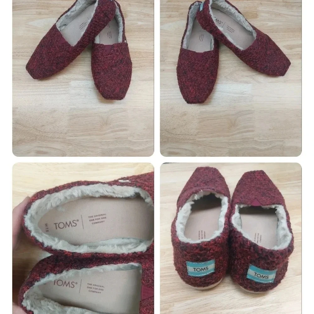 TOMS Alpargata Heathered Red Faux Fur Lined Slip On Flats Shoes 7